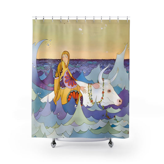Fantasy Ocean Shower Curtain with riding a bull in waves design, imaginative bathroom decor featuring oceanic scenes.