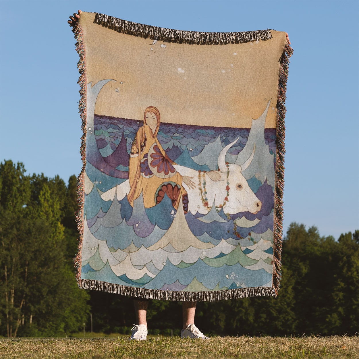 Fantasy Ocean Woven Blanket Held Up Outside