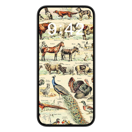 Farm Animals phone wallpaper background with country design shown on a phone lock screen, instant download available.
