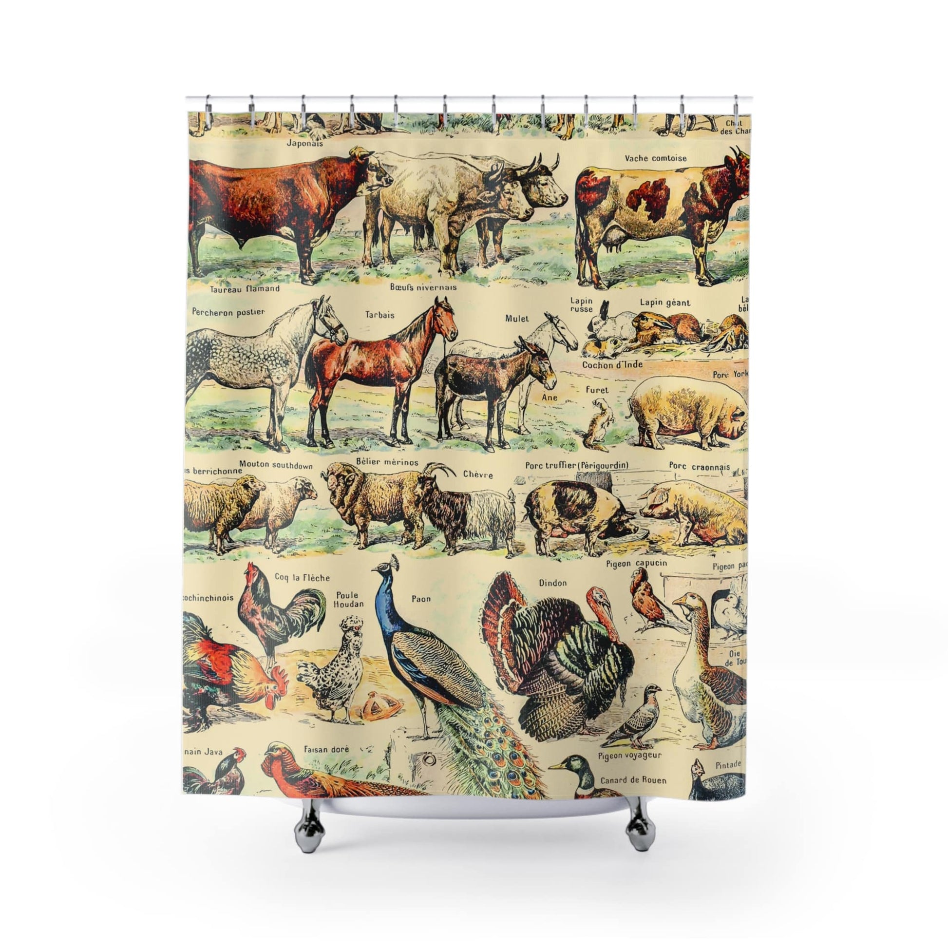 Farm Animals Shower Curtain with country design, rustic bathroom decor featuring charming farm animal scenes.