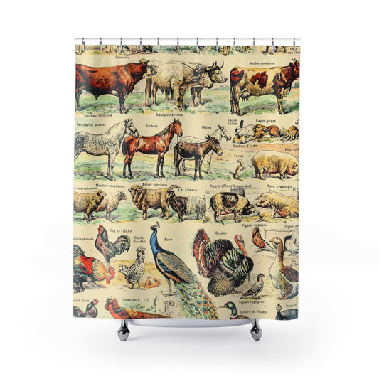 Farm Animals Shower Curtain with country design, rustic bathroom decor featuring charming farm animal scenes.