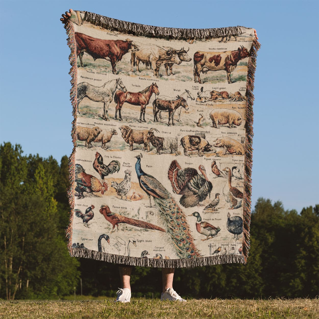 Farm Animals Woven Blanket Held Up Outside