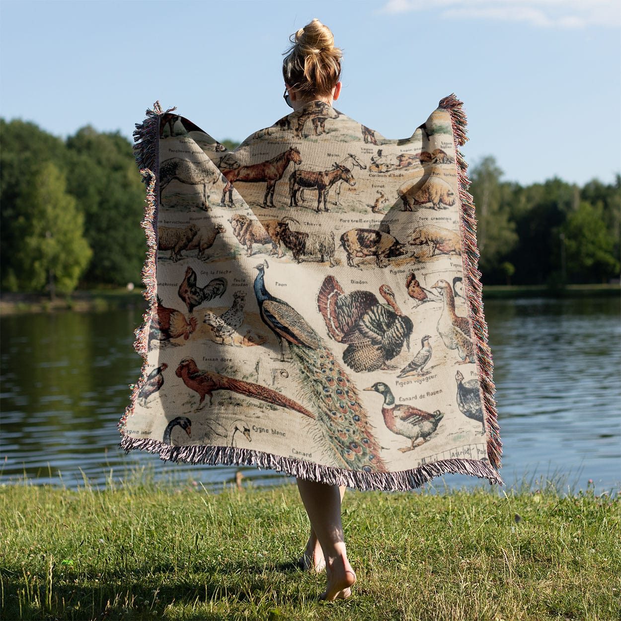 Farm Animals Woven Blanket Held on a Woman's Back Outside