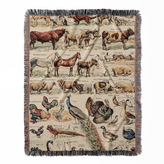 Farm Animals woven throw blanket, made of 100% cotton, featuring a soft and cozy texture with a country home theme for home decor.