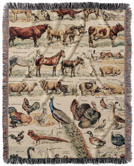 Farm Animals woven throw blanket, made of 100% cotton, featuring a soft and cozy texture with a country home theme for home decor.