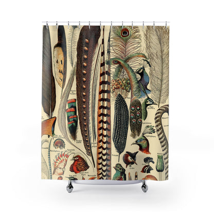 Feathers Shower Curtain with boho chic aesthetic design, artistic bathroom decor featuring vibrant feather patterns.