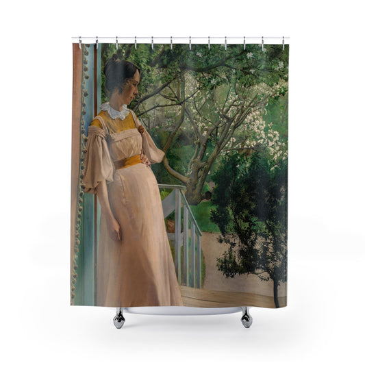 Female Figure on the Porch Shower Curtain with Victorian design, historical bathroom decor featuring Victorian porch scenes.