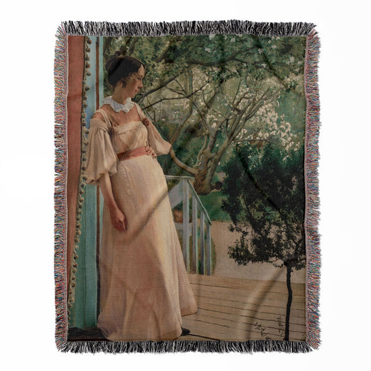 Female Figure on the Porch woven throw blanket, made of 100% cotton, featuring a soft and cozy texture with a Victorian theme for home decor.