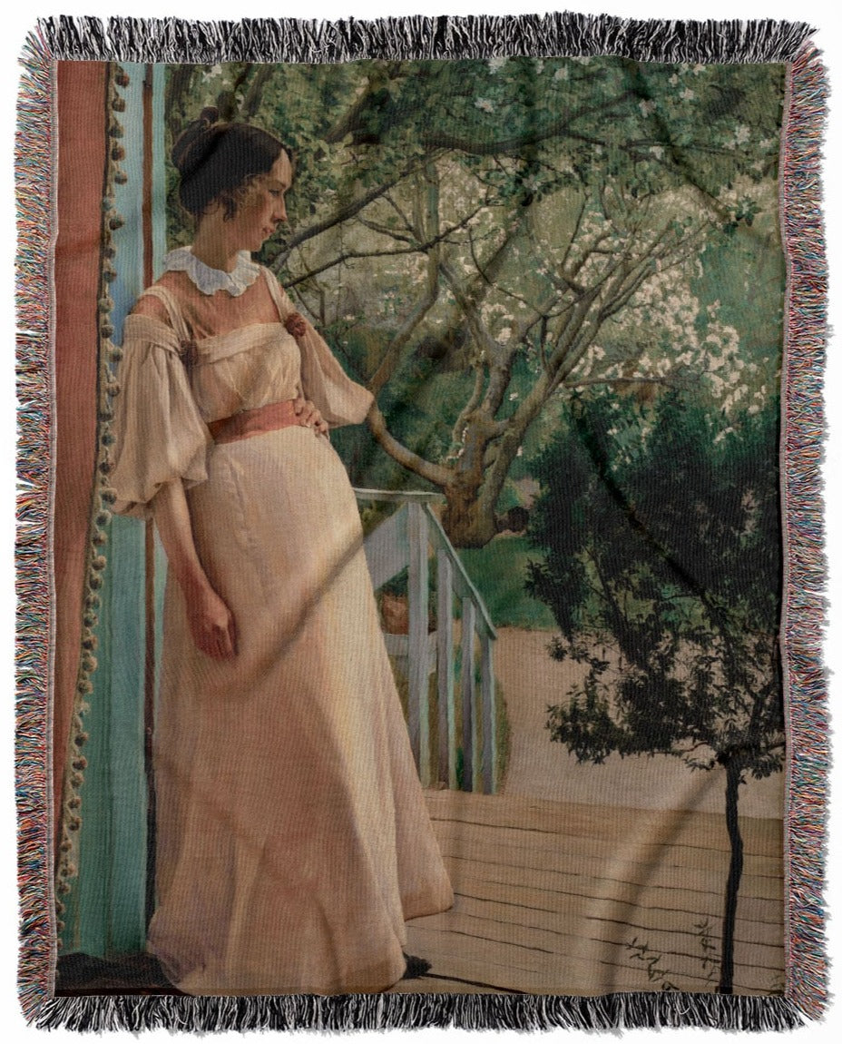 Female Figure on the Porch woven throw blanket, made of 100% cotton, featuring a soft and cozy texture with a Victorian theme for home decor.