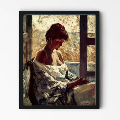 Woman in the Window Painting in Black Picture Frame