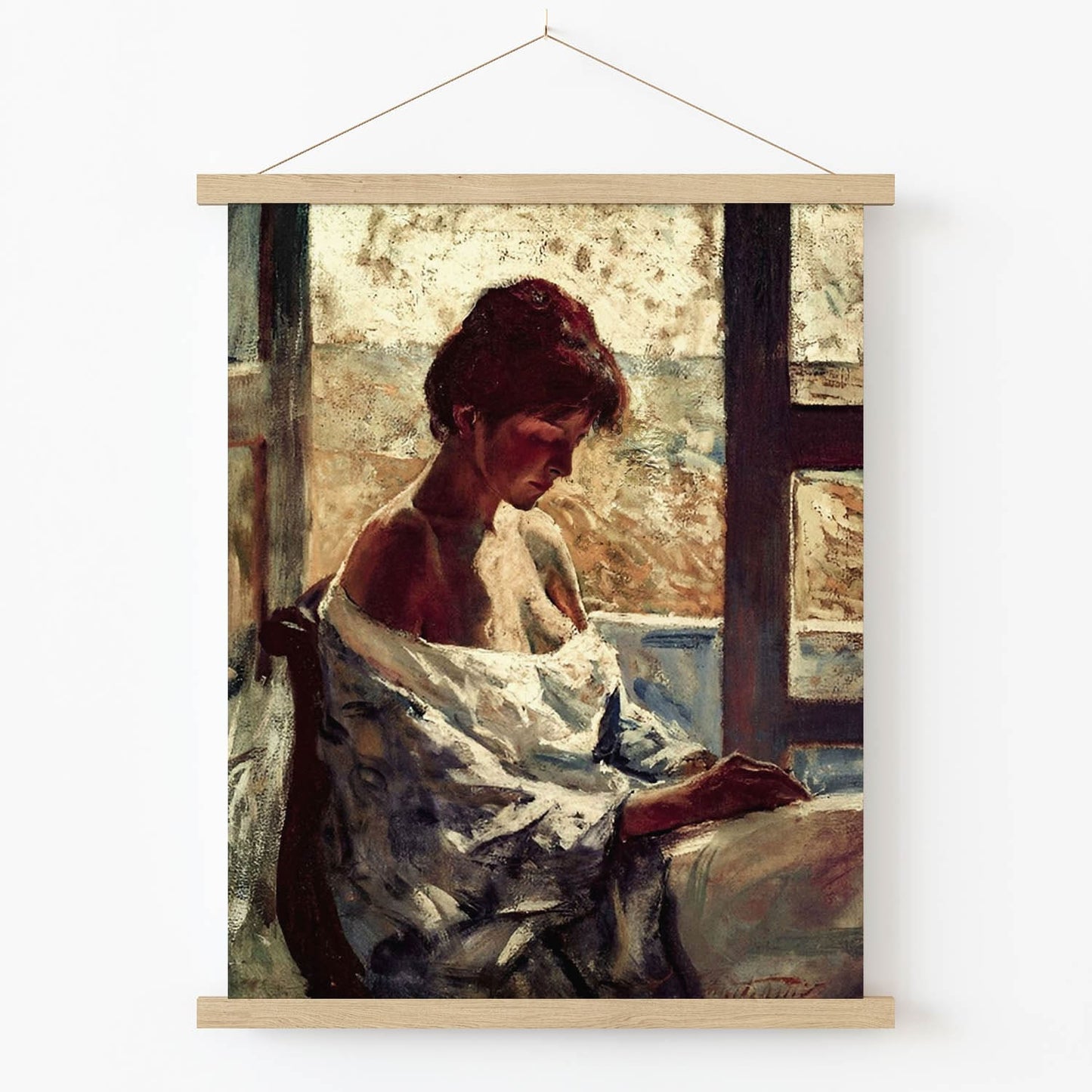 Woman in the Window Art Print in Wood Hanger Frame on Wall