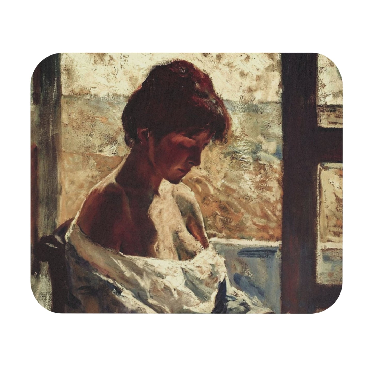 Female Impressionist Mouse Pad featuring a sewing theme, perfect for desk and office decor.