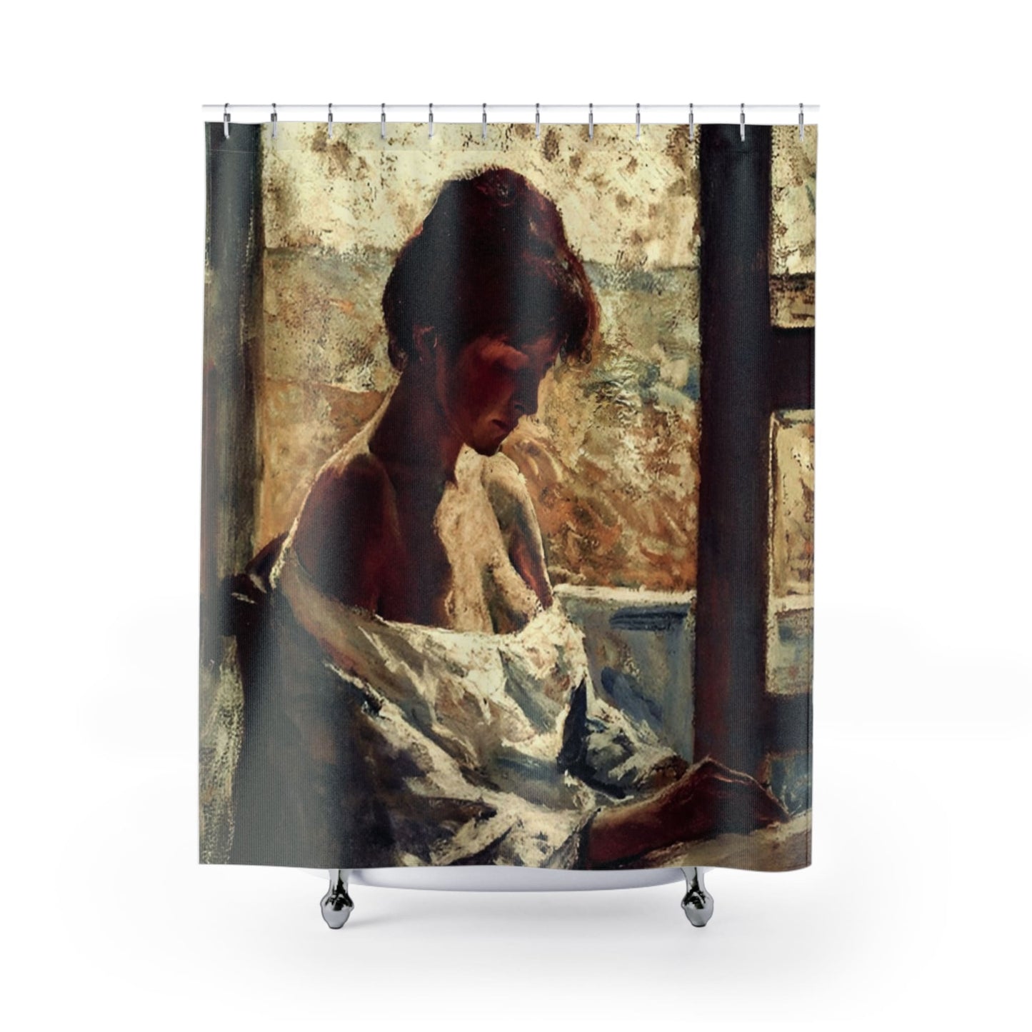 Female Impressionist Shower Curtain with sewing design, artistic bathroom decor featuring impressionist sewing scenes.