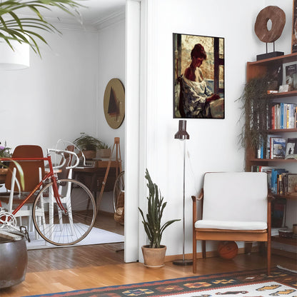 Eclectic living room with a road bike, bookshelf and house plants that features framed artwork of a Woman in the Window above a chair and lamp