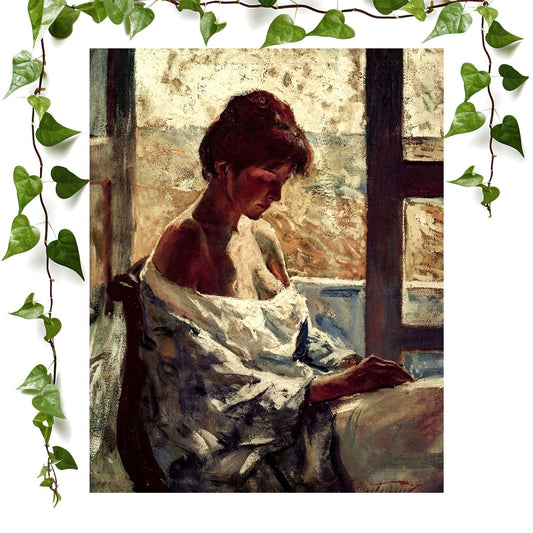 Female Impressionist art prints featuring a sewing, vintage wall art room decor