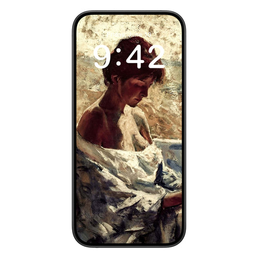 Female Impressionist phone wallpaper background with sewing design shown on a phone lock screen, instant download available.
