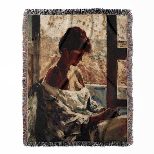 Female Impressionist woven throw blanket, made of 100% cotton, featuring a soft and cozy texture with a sewing theme for home decor.