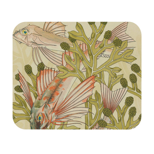 Fish in Seaweed Mouse Pad featuring a watercolor design, adding aquatic charm to desk and office decor.