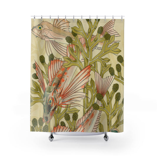 Fish in Seaweed Shower Curtain with watercolor design, marine-themed bathroom decor featuring aquatic art.