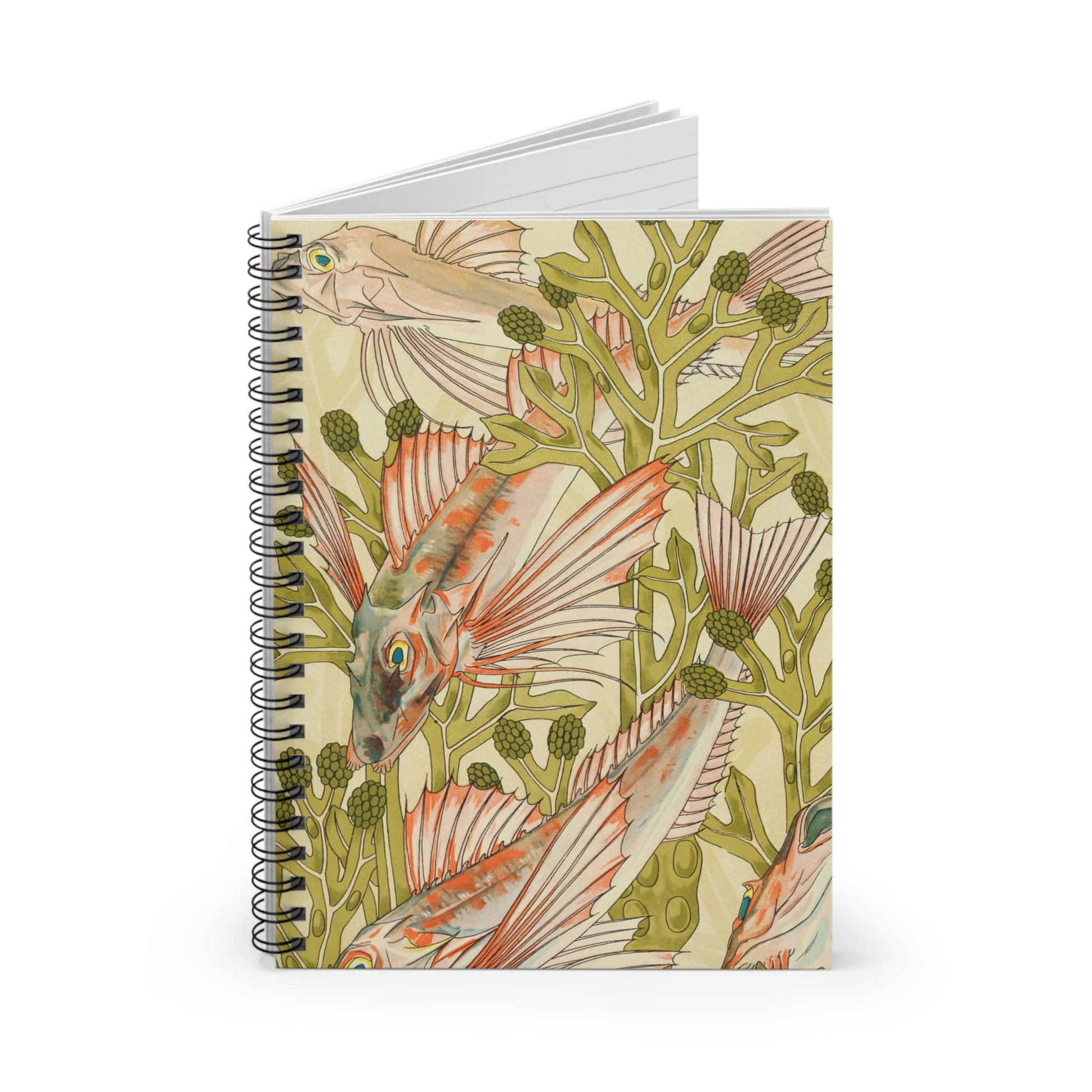 Fish in Seaweed Spiral Notebook Standing up on White Desk