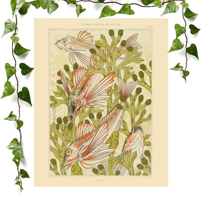 Fish in Seaweed art prints featuring a watercolor, vintage wall art room decor