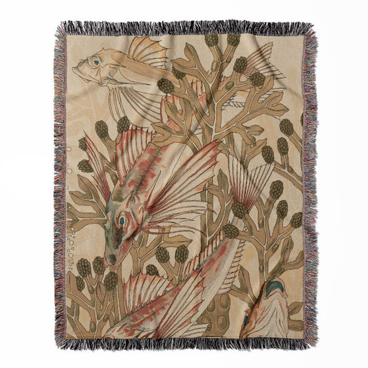 Fish in Seaweed woven throw blanket, made with 100% cotton, providing a soft and cozy texture with a watercolor theme for home decor.