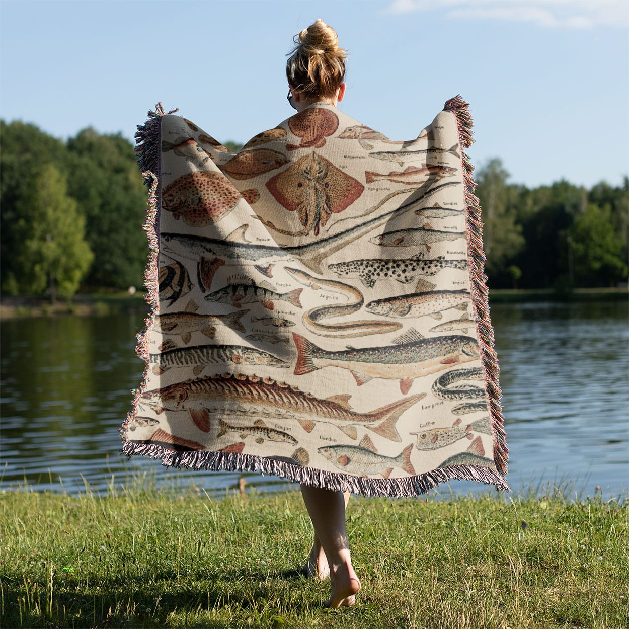 Fishing Woven Blanket Held on a Woman's Back Outside