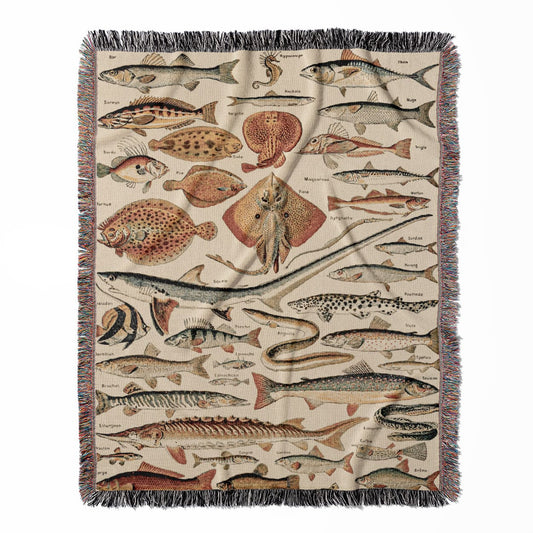 Fishing woven throw blanket, made of 100% cotton, providing a soft and cozy texture with a types of fish chart for home decor.