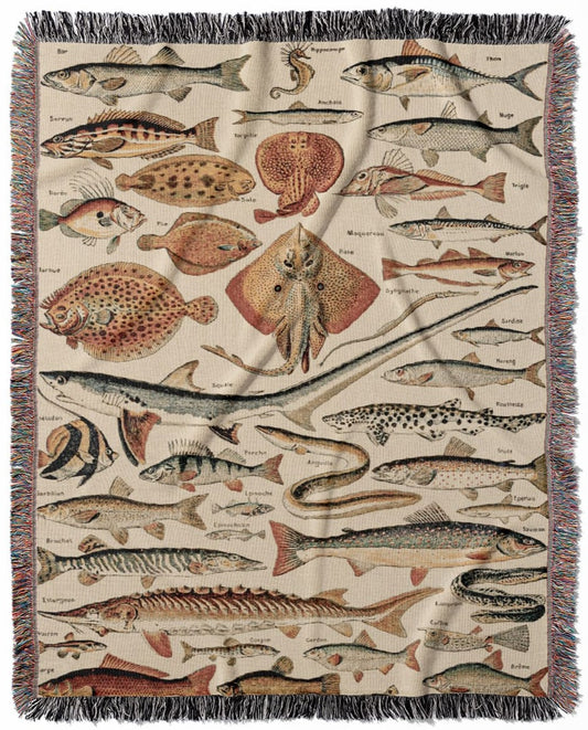 Fishing woven throw blanket, made of 100% cotton, providing a soft and cozy texture with a types of fish chart for home decor.