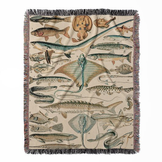 Fishing woven throw blanket, crafted from 100% cotton, offering a soft and cozy texture with a diagram of types of fish for home decor.