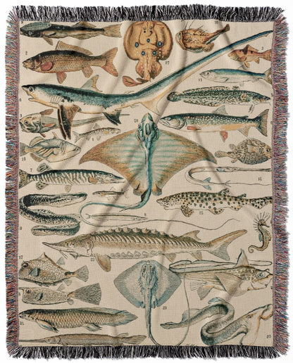 Fishing woven throw blanket, crafted from 100% cotton, offering a soft and cozy texture with a diagram of types of fish for home decor.