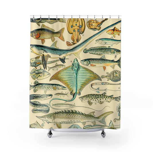 Fishing Shower Curtain with types of fish design, nature-inspired bathroom decor featuring various fish species.