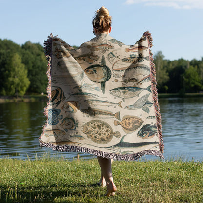 Fishing Woven Blanket Held on a Woman's Back Outside