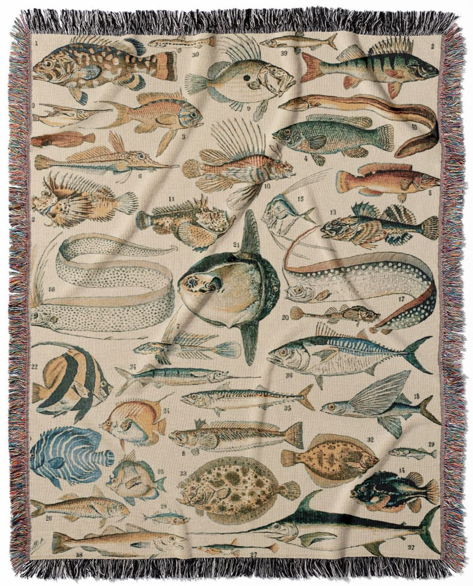 Fishing woven throw blanket, made with 100% cotton, featuring a soft and cozy texture with a unique fish chart for home decor.