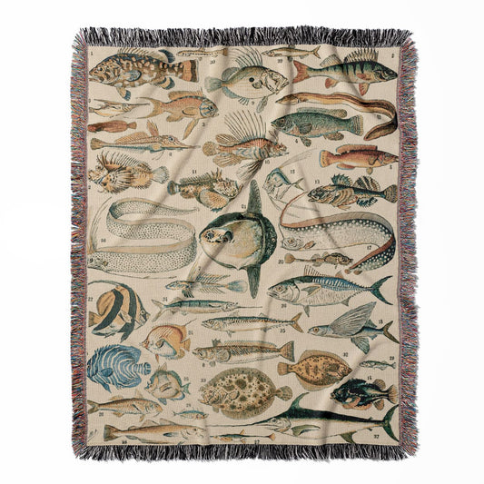 Fishing woven throw blanket, made with 100% cotton, featuring a soft and cozy texture with a unique fish chart for home decor.