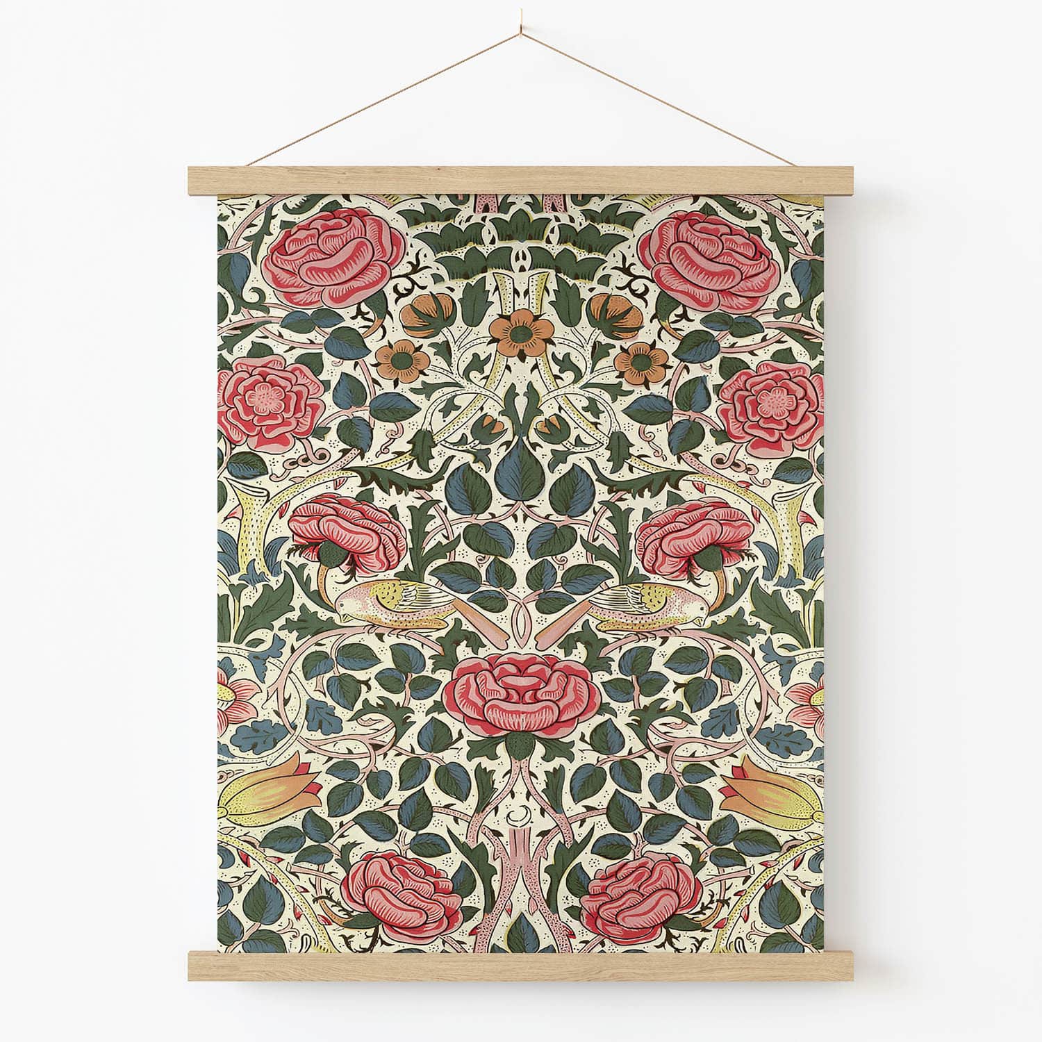 William Morris Floral Art Print in Wood Hanger Frame on Wall