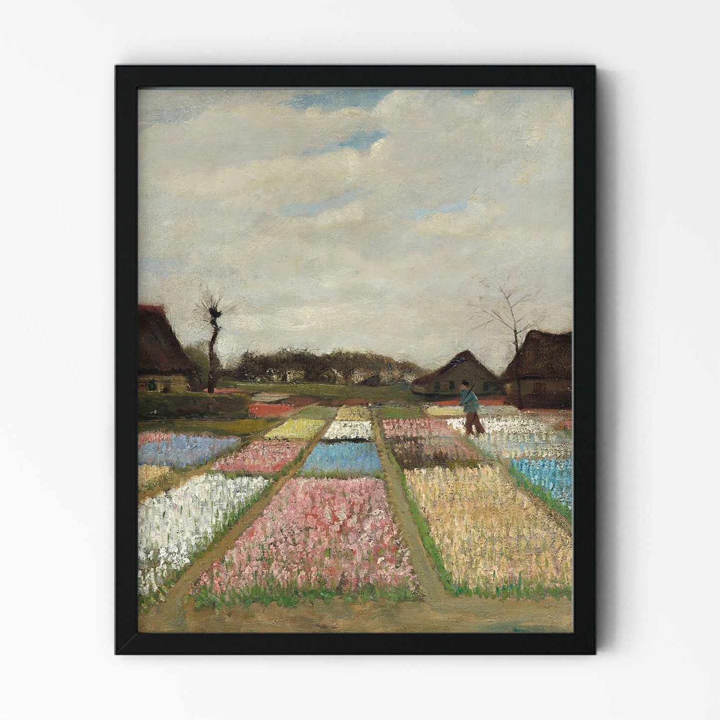 Antique Field of Flowers Oil Painting in Black Picture Frame