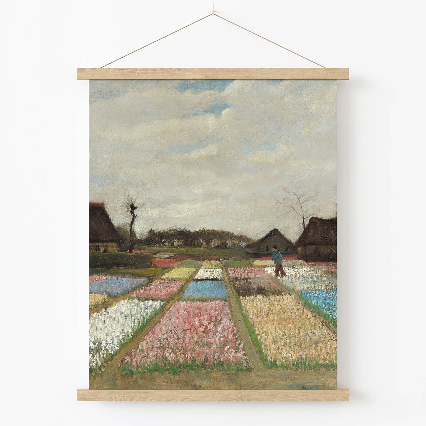 Antique Field of Flowers Art Print in Wood Hanger Frame on Wall