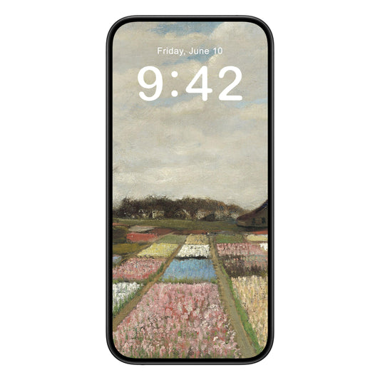 Floral Landscape phone wallpaper background with flower field painting design shown on a phone lock screen, instant download available.
