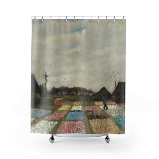 Floral Landscape Shower Curtain with flower field painting design, garden-inspired bathroom decor featuring floral artwork.