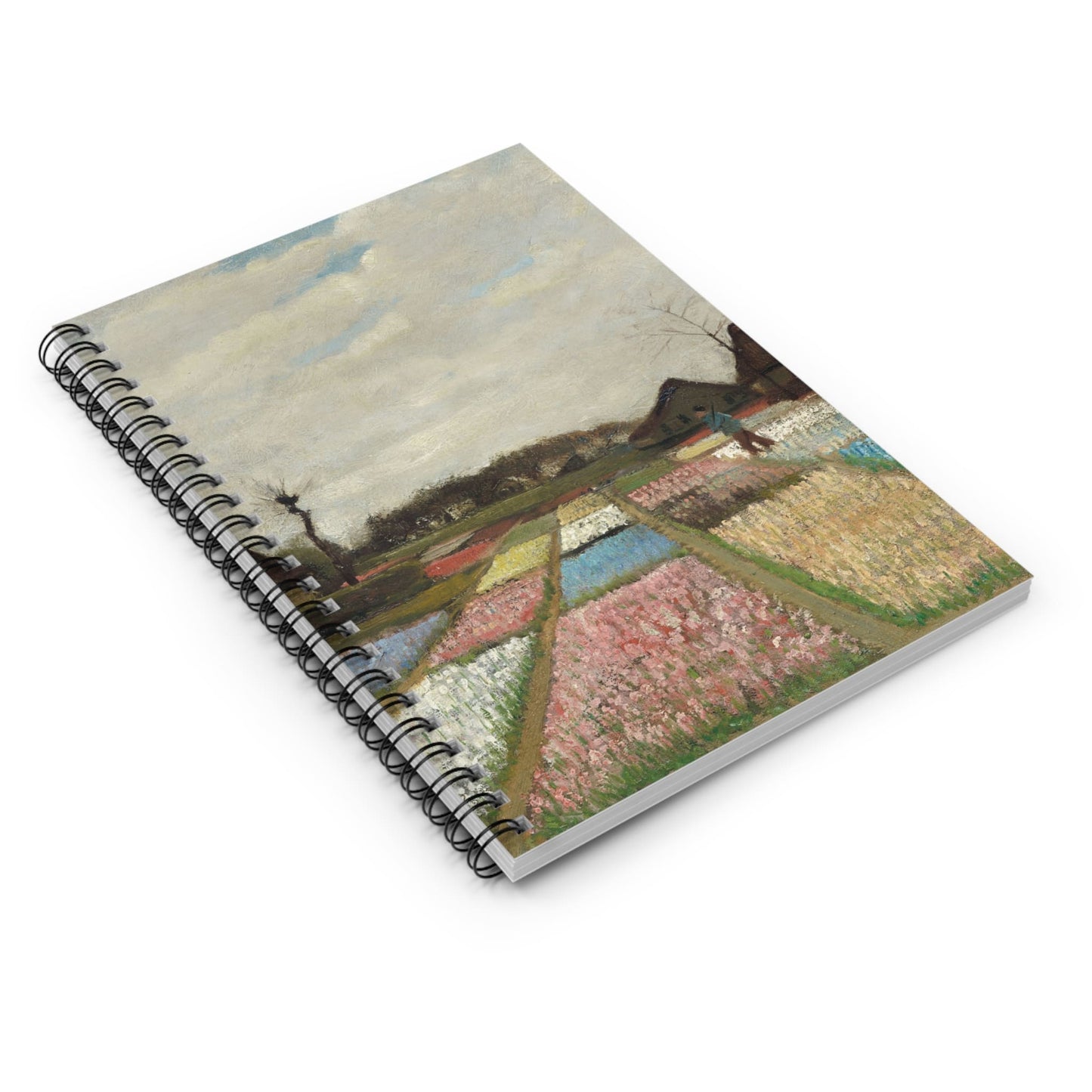 Floral Landscape Spiral Notebook Laying Flat on White Surface