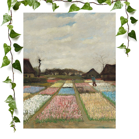 Floral Landscape art print flower field painting, vintage wall art room decor