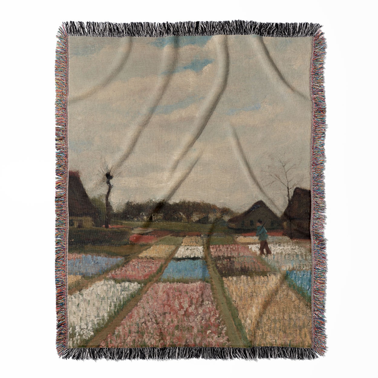 Floral Landscape woven throw blanket, made with 100% cotton, providing a soft and cozy texture with a flower field painting for home decor.
