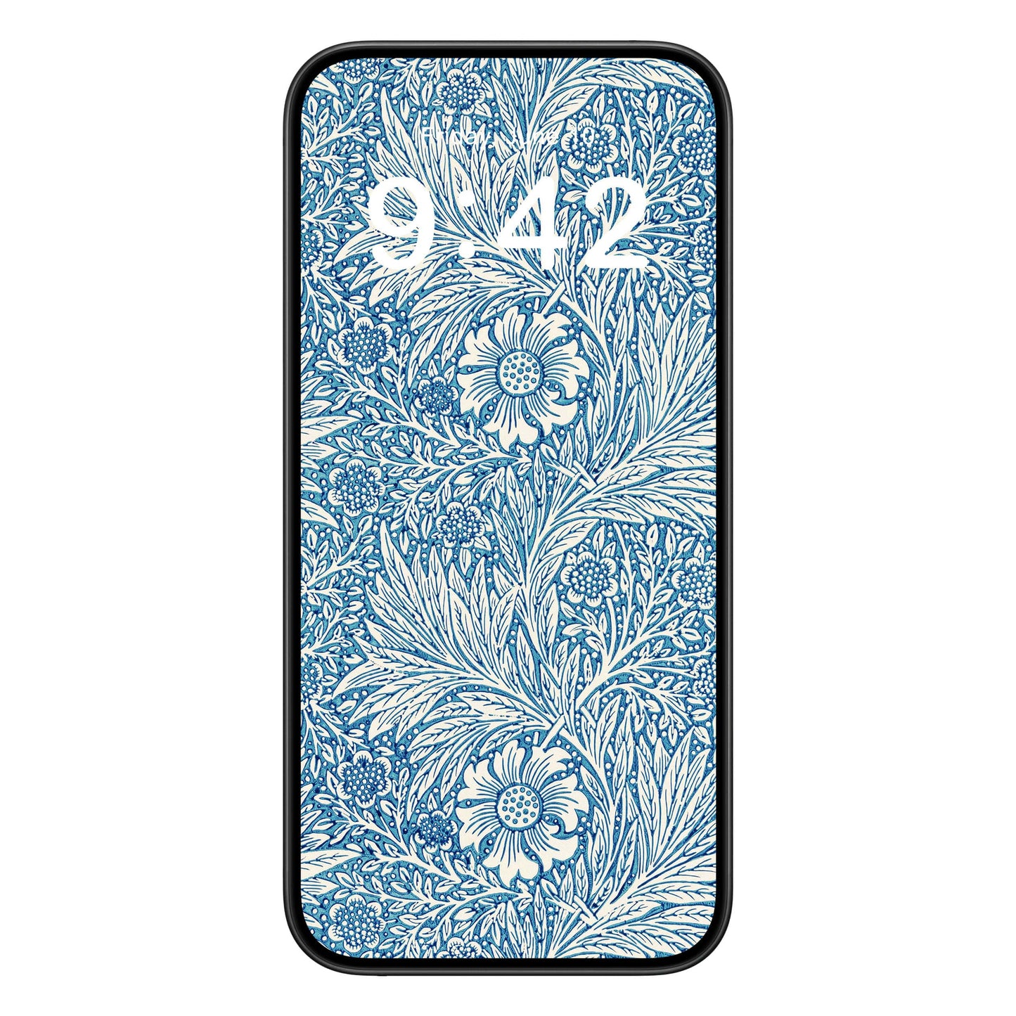 Floral Pattern phone wallpaper background with blue marigolds design shown on a phone lock screen, instant download available.