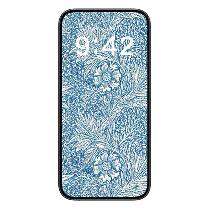 Floral Pattern phone wallpaper background with blue marigolds design shown on a phone lock screen, instant download available.