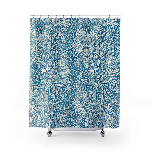 Floral Pattern Shower Curtain with blue marigolds design, botanical bathroom decor featuring elegant floral art.