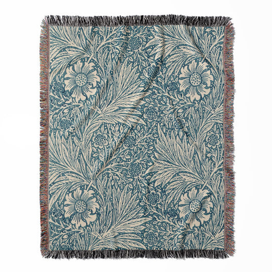Floral Pattern woven throw blanket, made with 100% cotton, featuring a soft and cozy texture with blue marigolds for home decor.
