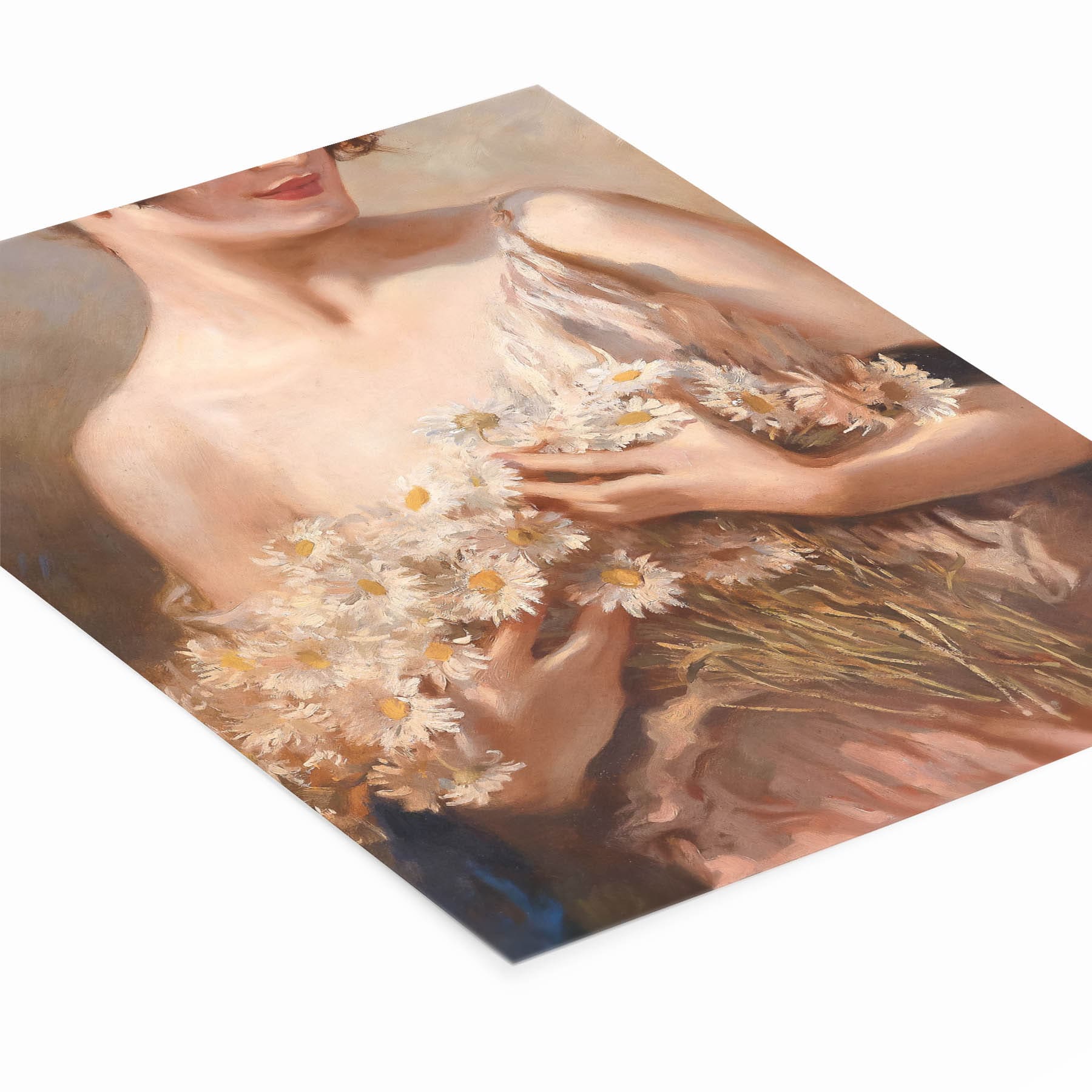 Woman Holding Daisies Oil Painting Laying Flat on a White Background