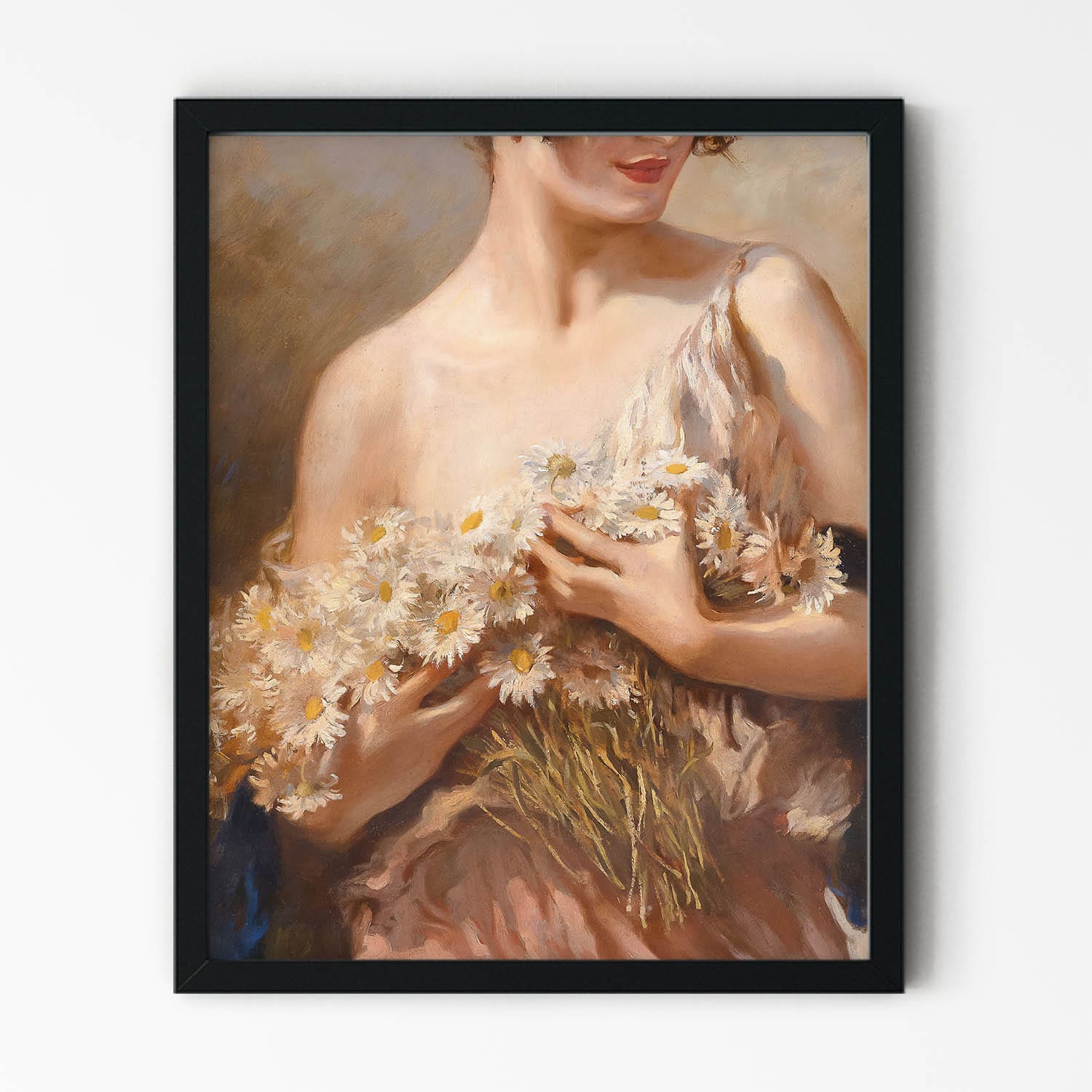 Woman Holding Daisies Oil Painting in Black Picture Frame
