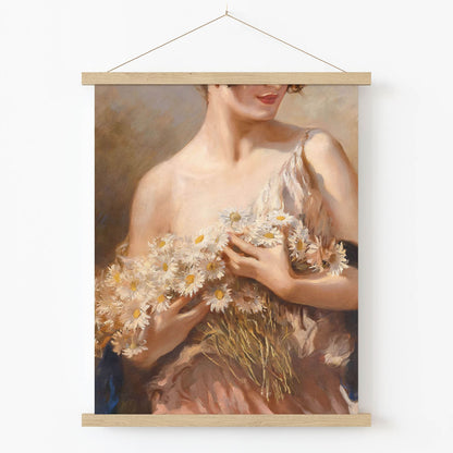 Woman Holding Daisies Art Print in Wood Hanger Frame on Wall